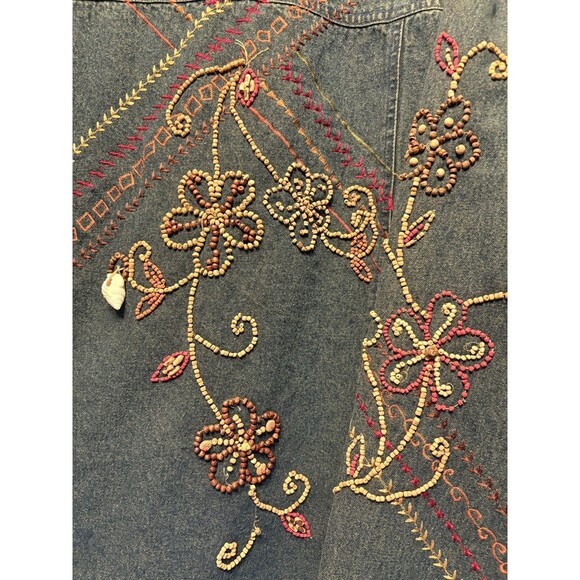 Units Woman 2X Denim Button Long Sleeve Shirt Jacket Beading Mixed Media Boho - Picture 7 of 10